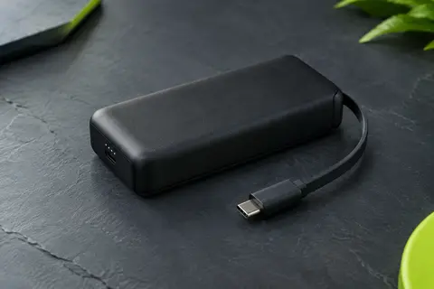 Batterie externe noire Anker Nano avec câble USB-C intégré, présentée sur un fond ardoise.