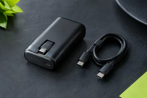 Batterie externe noire compacte avec connecteur USB-C pliable et câble USB-C posé sur fond ardoise