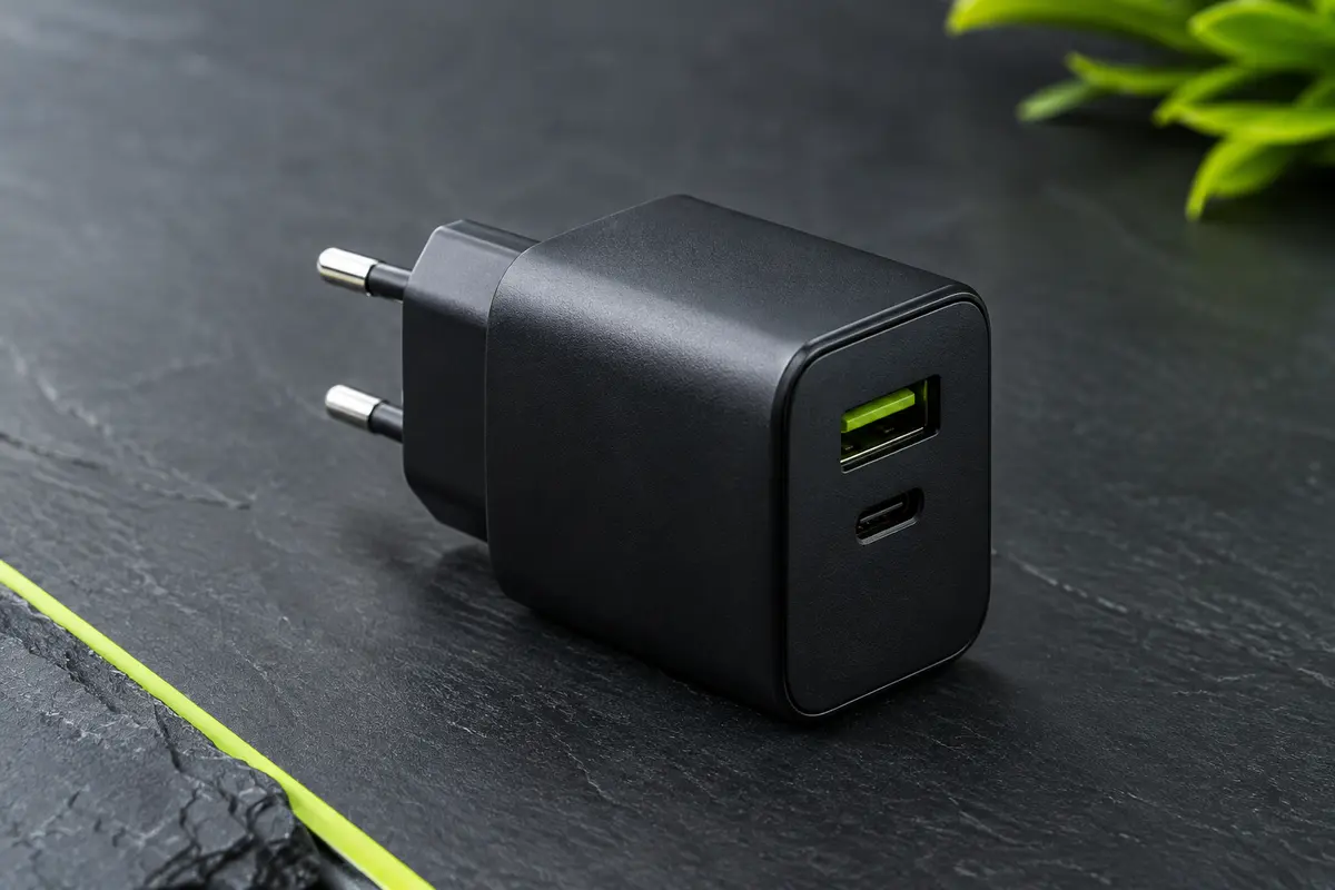 Chargeur secteur noir compact à prise européenne et ports USB, posé sur un fond ardoise.