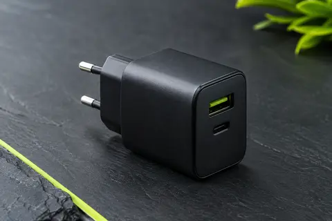 Chargeur secteur noir compact à prise européenne et ports USB, posé sur un fond ardoise.