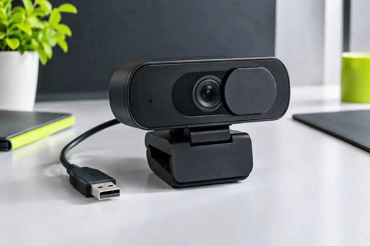 Webcam noire compacte avec objectif frontal et cache de confidentialité intégré, présentée sur un bureau sobre.