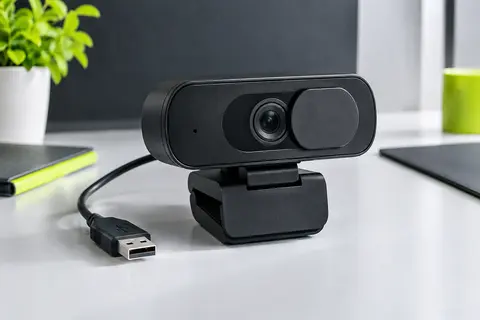 Webcam noire compacte avec objectif frontal et cache de confidentialité intégré, présentée sur un bureau sobre.