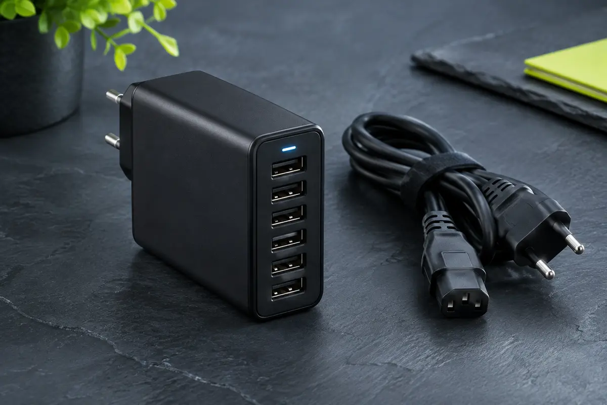 Chargeur secteur noir à six ports USB-A avec câble d’alimentation détachable sur fond ardoise.
