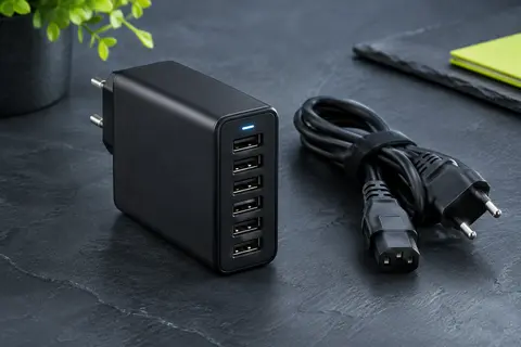 Chargeur secteur noir à six ports USB-A avec câble d’alimentation détachable sur fond ardoise.
