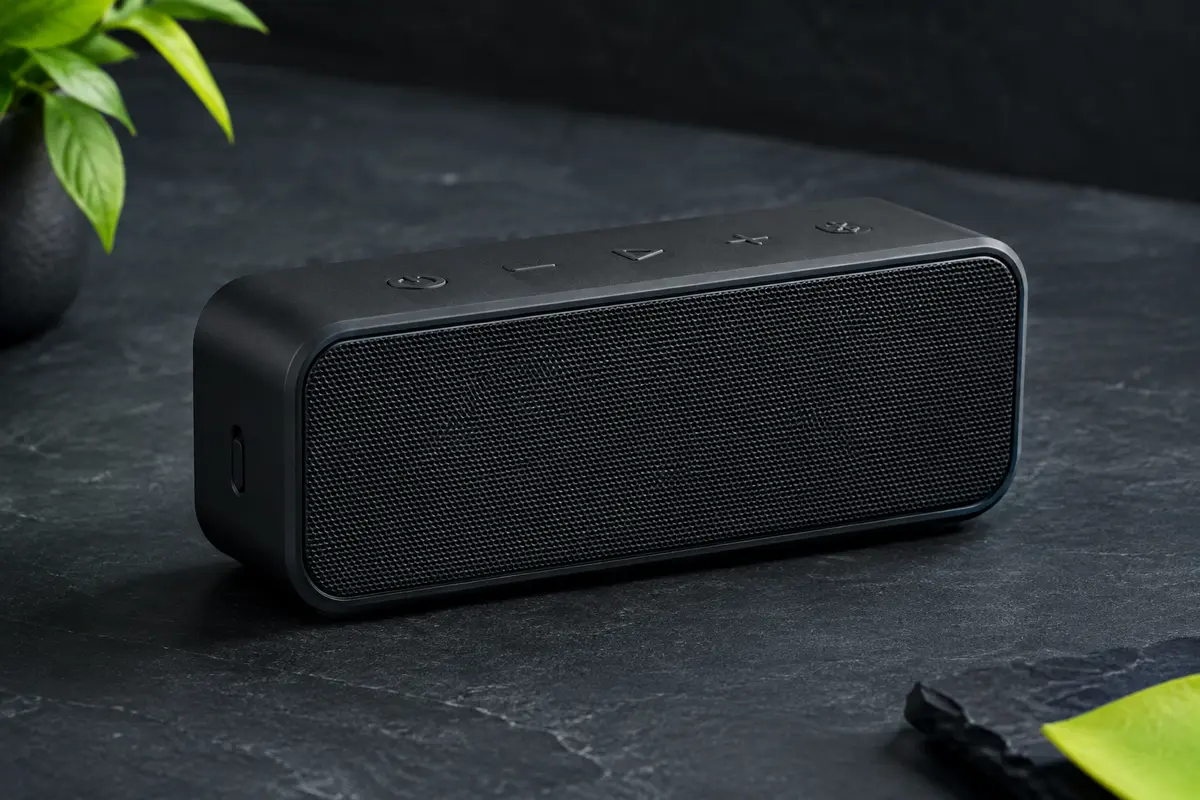 Enceinte Bluetooth Anker Soundcore 2 noire, compacte et horizontale, présentée sur un fond ardoise.