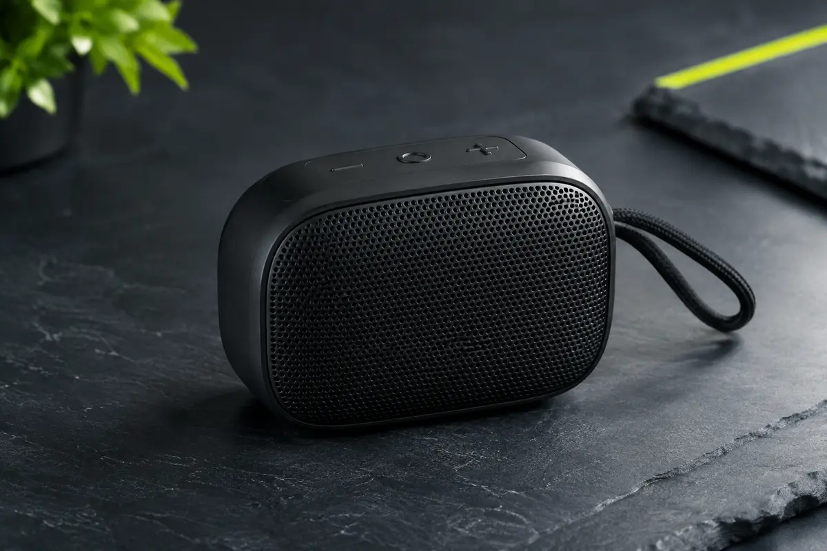 Enceinte portable Bluetooth noire Anker SoundCore Mini présentée sur un fond ardoise sobre.