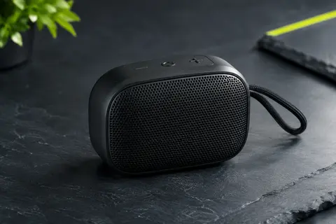 Enceinte portable Bluetooth noire Anker SoundCore Mini présentée sur un fond ardoise sobre.