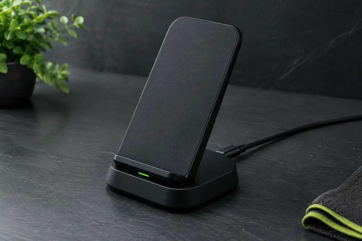 Support de charge sans fil Anker PowerWave noir avec sa base inclinée et son câble Micro USB