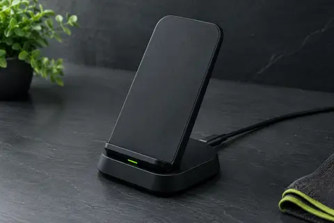 Support de charge sans fil Anker PowerWave noir avec sa base inclinée et son câble Micro USB