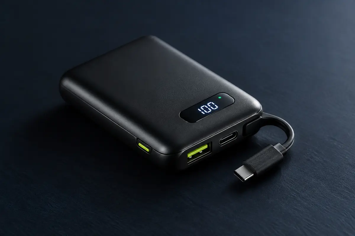 Batterie externe noire de 20 000 mAh avec affichage numérique et câble USB-C intégré