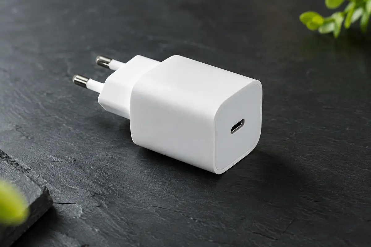 Adaptateur secteur blanc Apple de 20 W avec port USB-C, présenté seul sur un fond ardoise épuré.