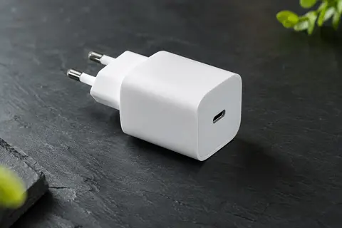 Adaptateur secteur blanc Apple de 20 W avec port USB-C, présenté seul sur un fond ardoise épuré.