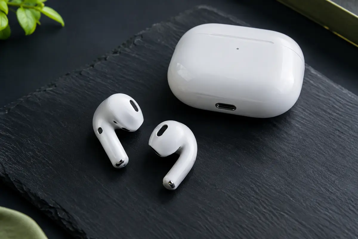 Écouteurs Apple AirPods 4 à tige courte posés à côté de leur boîtier de charge USB-C