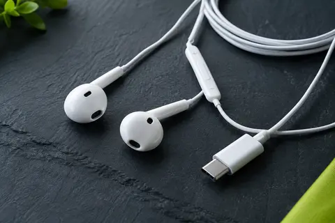 Écouteurs filaires blancs avec télécommande intégrée et connecteur USB-C posés sur un fond ardoise