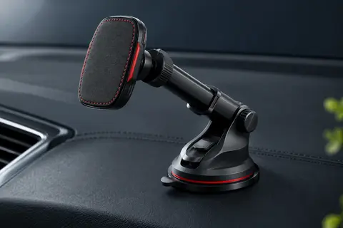 Support voiture APPS2Car noir et rouge avec ventouse, tête magnétique texturée et bras télescopique réglable