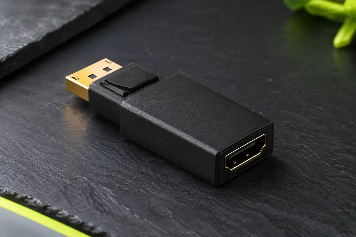 Adaptateur vidéo noir DisplayPort vers HDMI avec connecteur métallique doré et finition compacte
