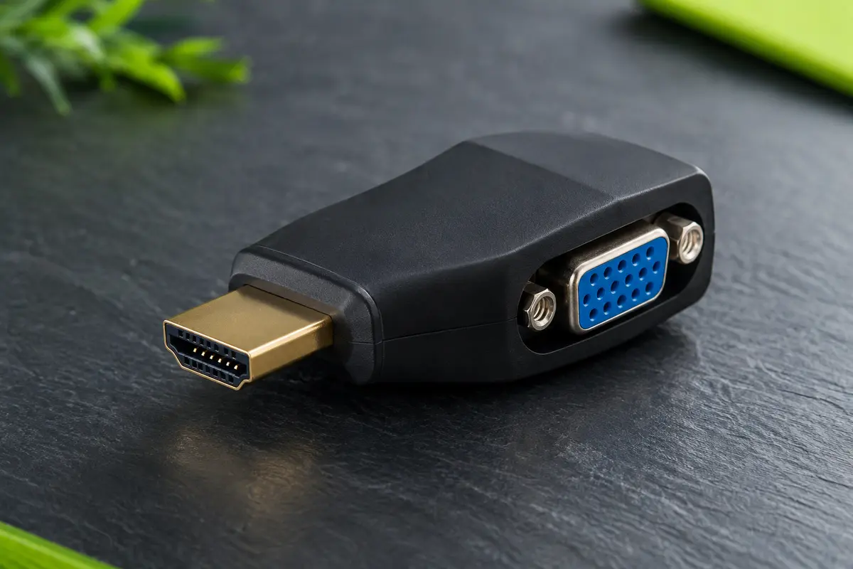 Adaptateur noir mat HDMI mâle vers VGA femelle présenté sur un fond ardoise