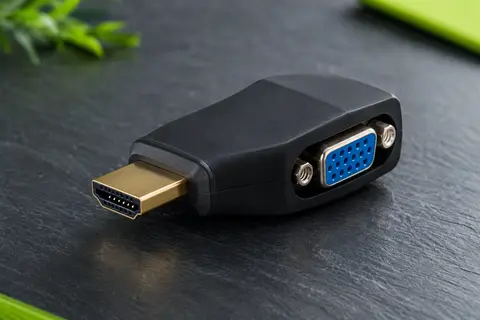 Adaptateur noir mat HDMI mâle vers VGA femelle présenté sur un fond ardoise