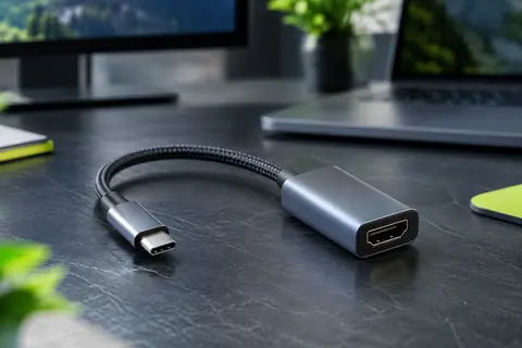 Adaptateur vidéo BENFEI gris en aluminium et nylon, avec connecteurs USB-C et HDMI visibles.