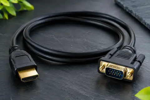 Câble noir HDMI vers VGA de 1,8 m, avec connecteur HDMI doré, présenté sur un fond ardoise.