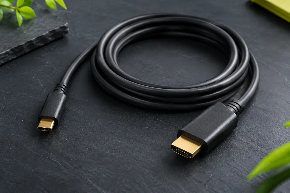 Câble BENFEI noir USB-C vers HDMI de 1,8 m, avec connecteurs mâles aux finitions dorées.