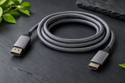 Câble vidéo gris DisplayPort vers HDMI de 1,8 m, avec gaine tressée et connecteurs mâles