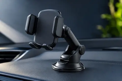 Support smartphone voiture noir à ventouse, avec bras de serrage et rotule orientable sur tableau de bord