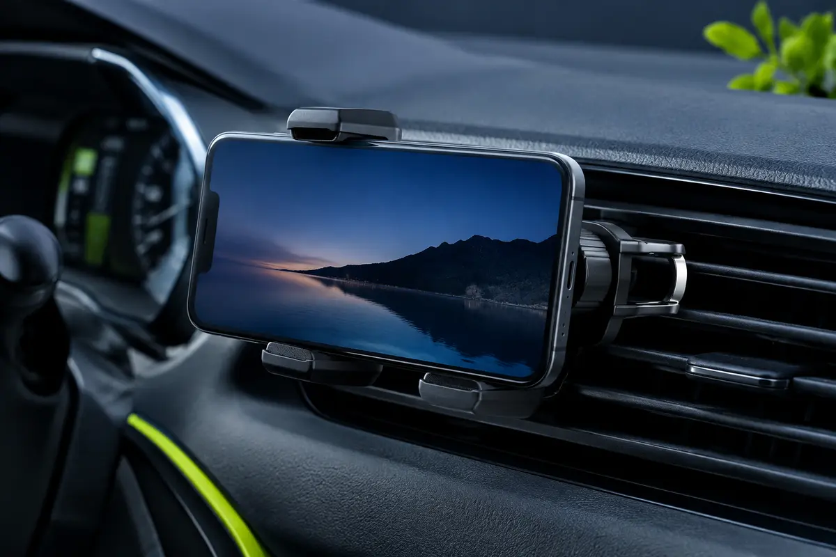 Support smartphone noir à crochet métallique réglable, fixé sur une grille d’aération de voiture