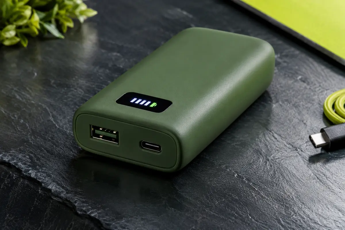 Batterie externe verte compacte avec affichage LED du niveau et connecteurs USB-A et USB-C