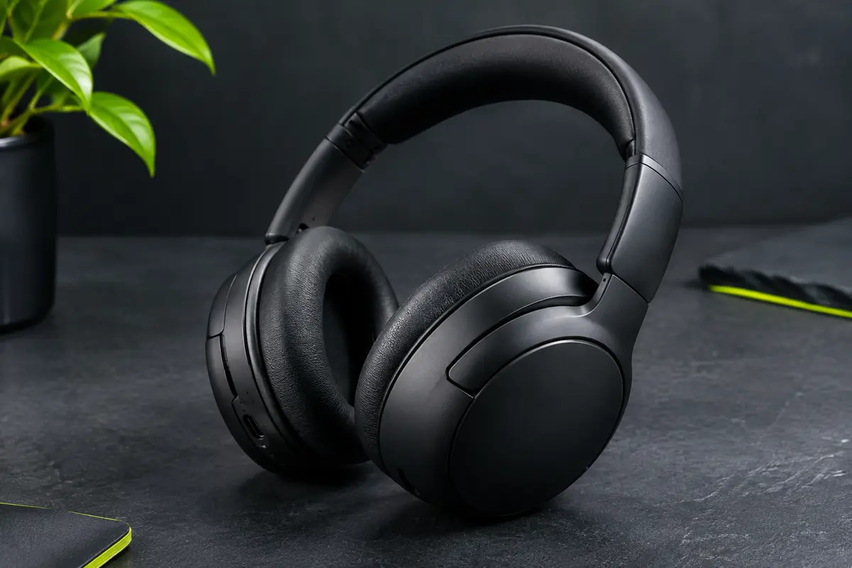 Casque Bose QuietComfort noir avec arceau matelassé et coussinets souples sur fond ardoise
