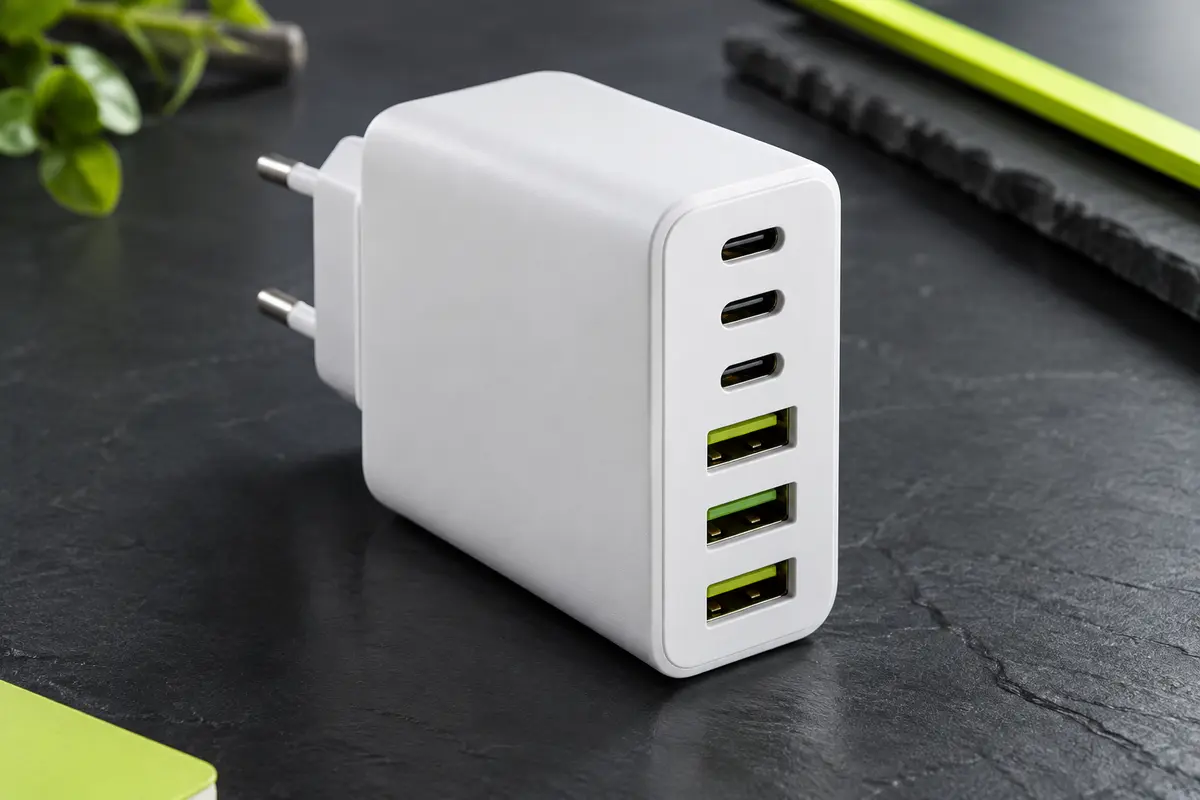 Chargeur secteur blanc à six ports, avec trois connecteurs USB-C et trois ports USB-A visibles sur fond ardoise.