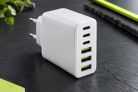Chargeur secteur blanc à six ports, avec trois connecteurs USB-C et trois ports USB-A visibles sur fond ardoise.