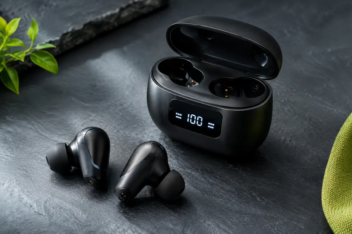 Écouteurs intra-auriculaires noirs Btootos A90 Pro et étui de charge avec écran LED