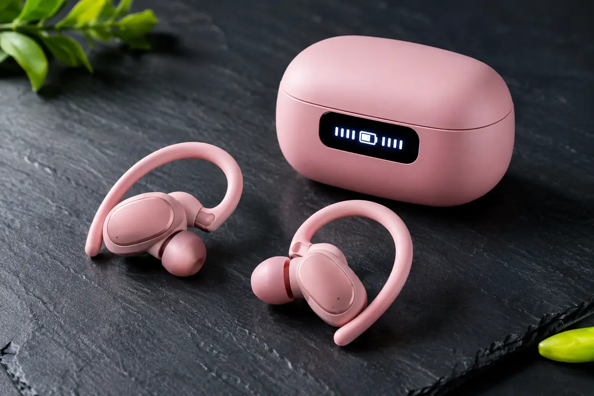 Écouteurs sport rose avec crochets d’oreille, embouts en silicone et boîtier de charge à affichage LED