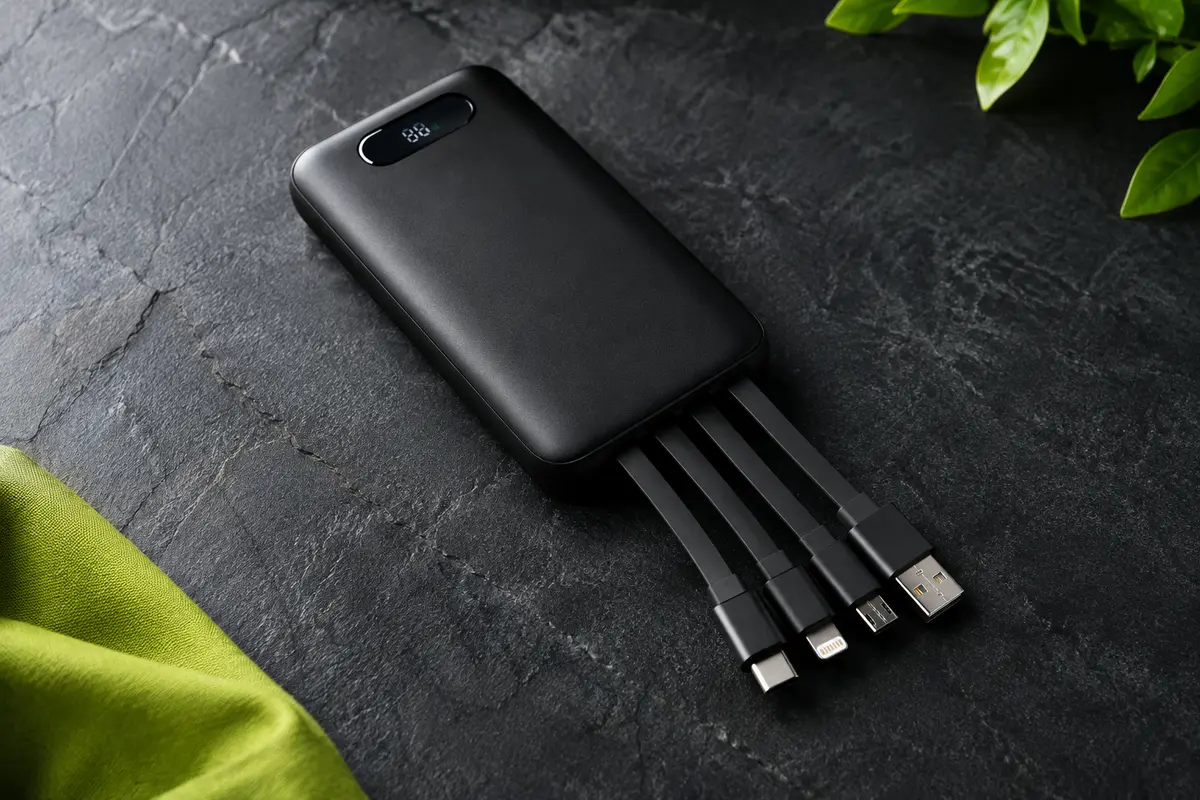 Batterie externe noire Charmast avec écran numérique et quatre câbles intégrés sur fond ardoise
