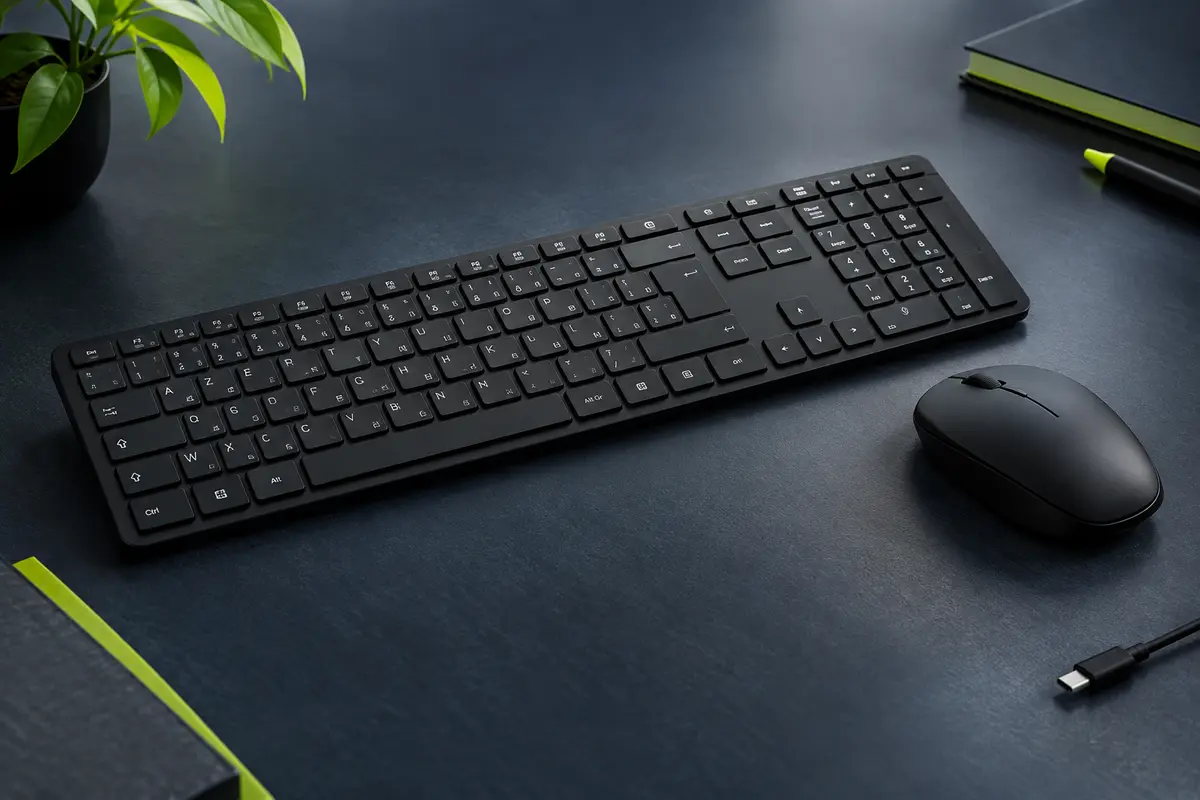 Ensemble clavier AZERTY en trois zones et souris Bluetooth noirs, présentés sur un fond ardoise.