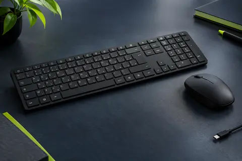 Ensemble clavier AZERTY en trois zones et souris Bluetooth noirs, présentés sur un fond ardoise.