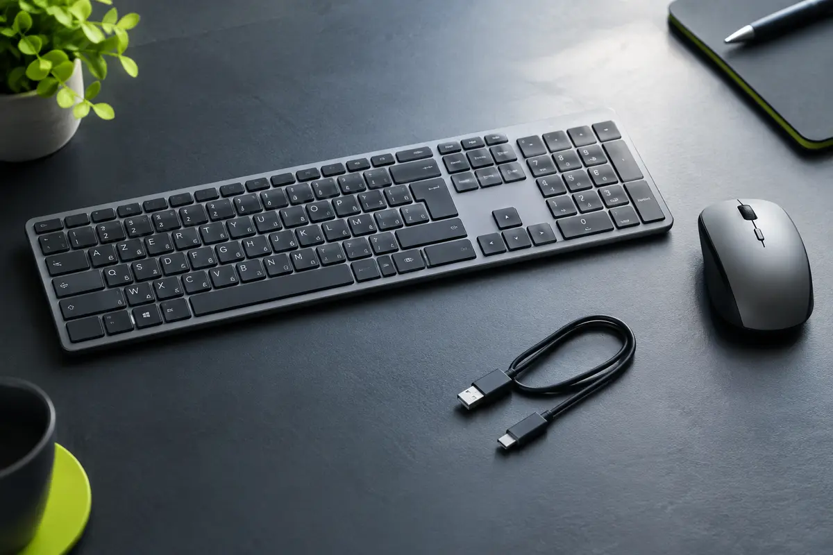 Clavier AZERTY gris et noir avec pavé numérique et souris optique sans fil assortie