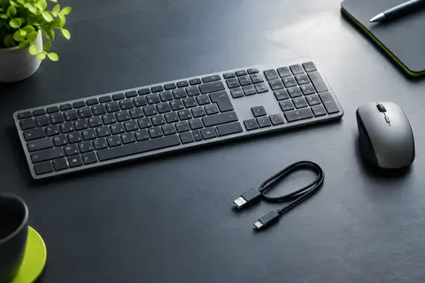 Clavier AZERTY gris et noir avec pavé numérique et souris optique sans fil assortie