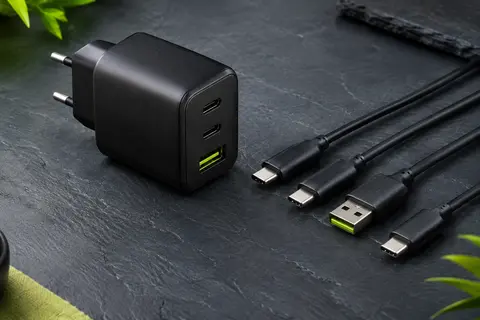 Chargeur secteur noir à trois ports USB accompagné de deux câbles USB-C et d’un câble USB-A.