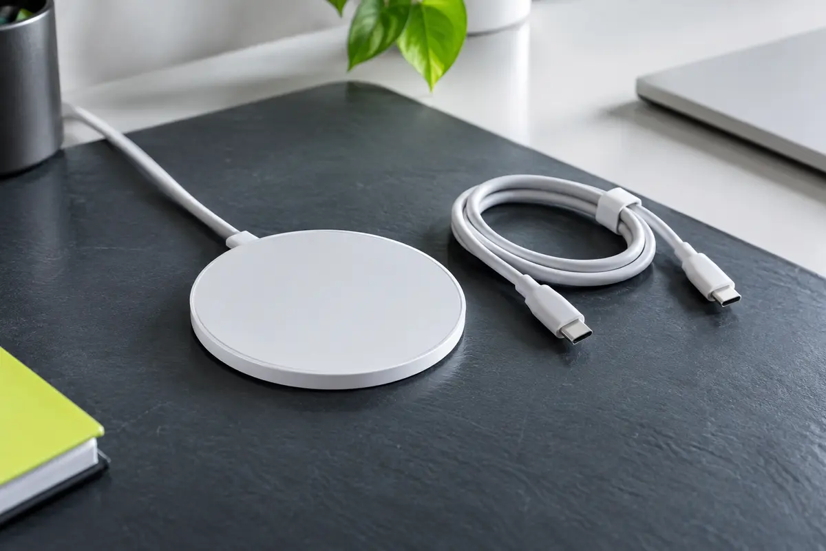 Chargeur sans fil magnétique COCOCKA blanc et compact, accompagné de son câble sur un bureau sombre