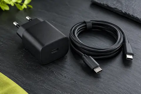 Chargeur secteur noir de 45 W avec port USB-C et câble USB-C vers USB-C de 2 m sur fond ardoise