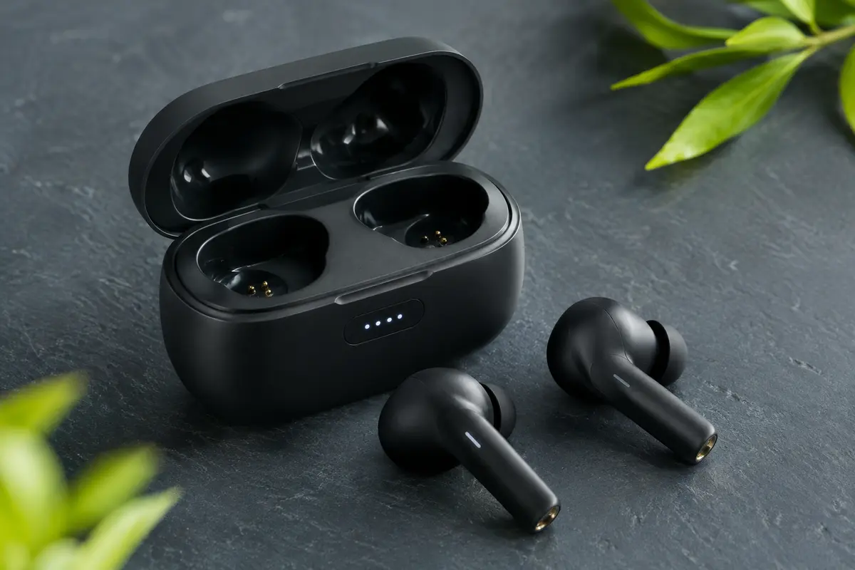 Écouteurs intra-auriculaires noirs Drsaec J55 posés avec leur étui de charge USB-C à écran LED