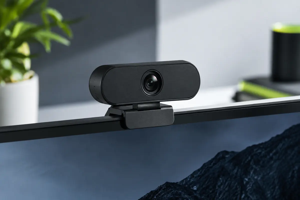 Webcam noire eMeet C960 fixée sur un écran, avec son objectif central et son clip compact.