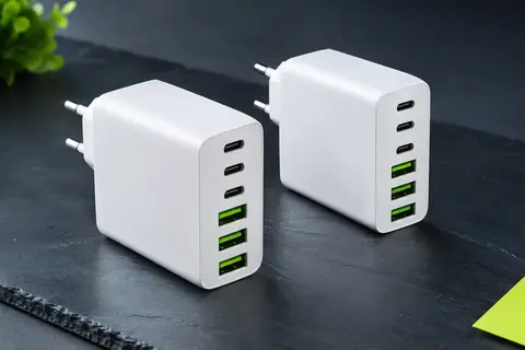Deux chargeurs secteur blancs à six ports USB-C et USB-A photographiés sur fond ardoise.