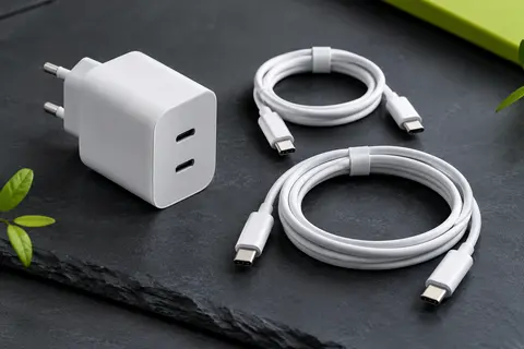 Chargeur secteur blanc Essri à deux ports USB-C avec deux câbles USB-C de longueurs différentes