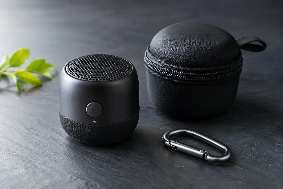 Mini enceinte Bluetooth noire Ewa A106 Pro avec son étui de transport et son crochet métallique
