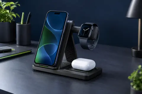 Station de charge sans fil noire et pliable, avec un téléphone, une montre et des écouteurs à proximité.