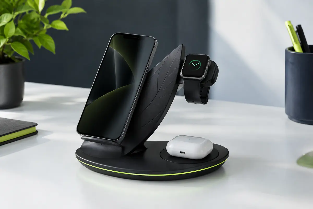 Station de charge sans fil noire et pliable avec zones pour iPhone, montre et écouteurs, éclairage LED intégré