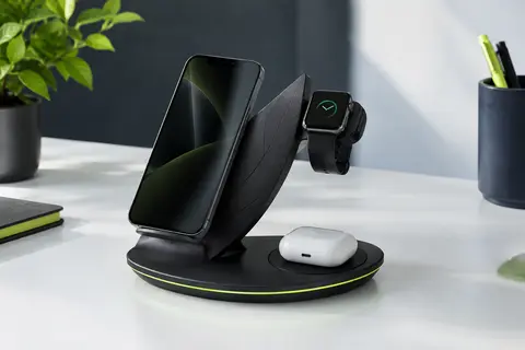 Station de charge sans fil noire et pliable avec zones pour iPhone, montre et écouteurs, éclairage LED intégré